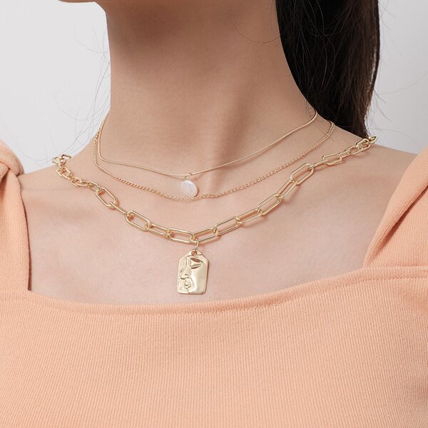 

3pcs Textured Metal Charm Necklace, Gold