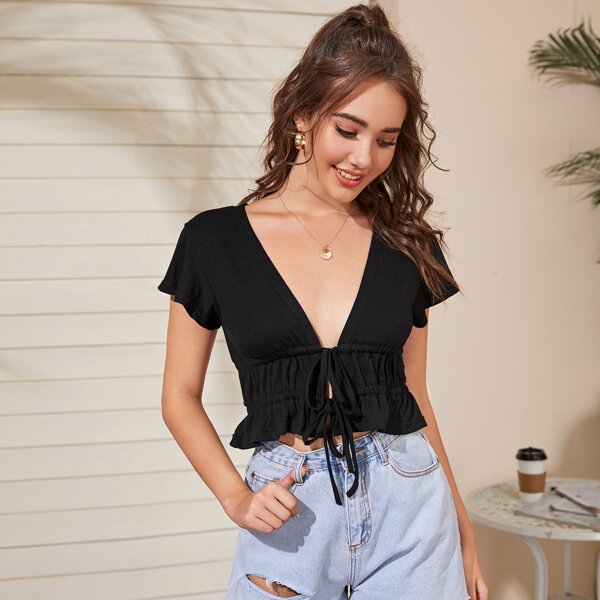 

Solid Tie Front Ruffle Hem Crop Top, Black