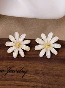 Flower Shaped Stud Earrings Valentines - Yellow Gold - View 3