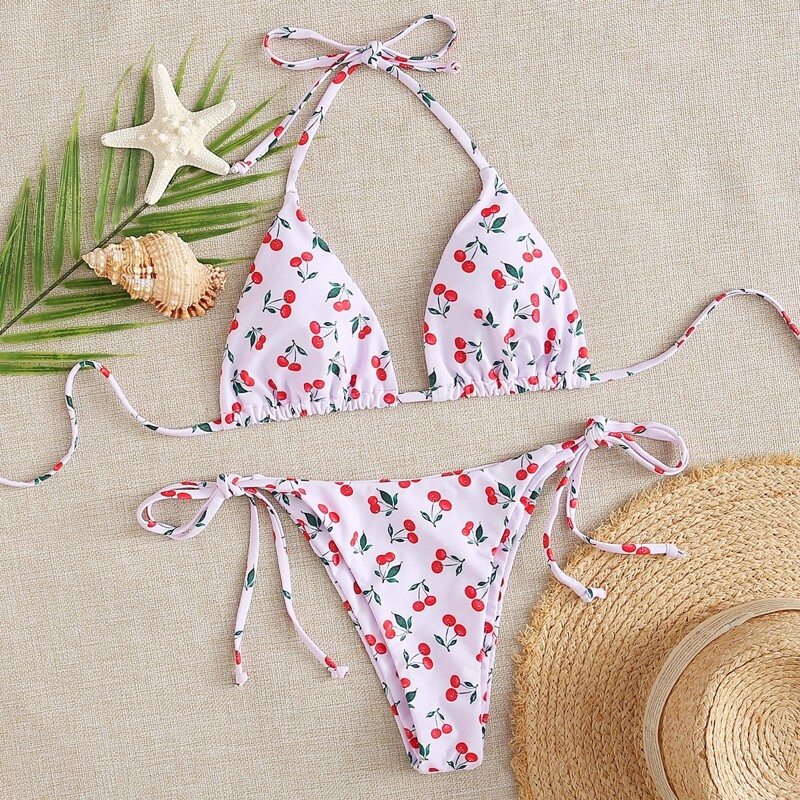 

Cherry Print Triangle Tie Side Bikini Swimsuit, Multicolor