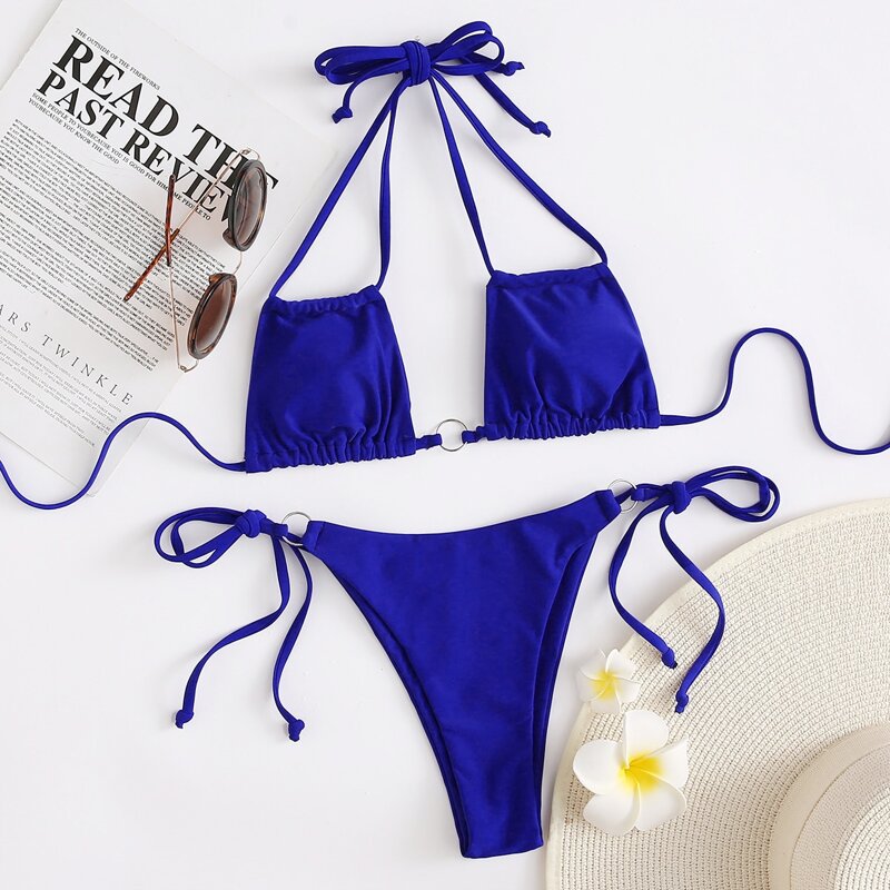 

Ring Linked Halter Tie Side Bikini Swimsuit, Royal blue