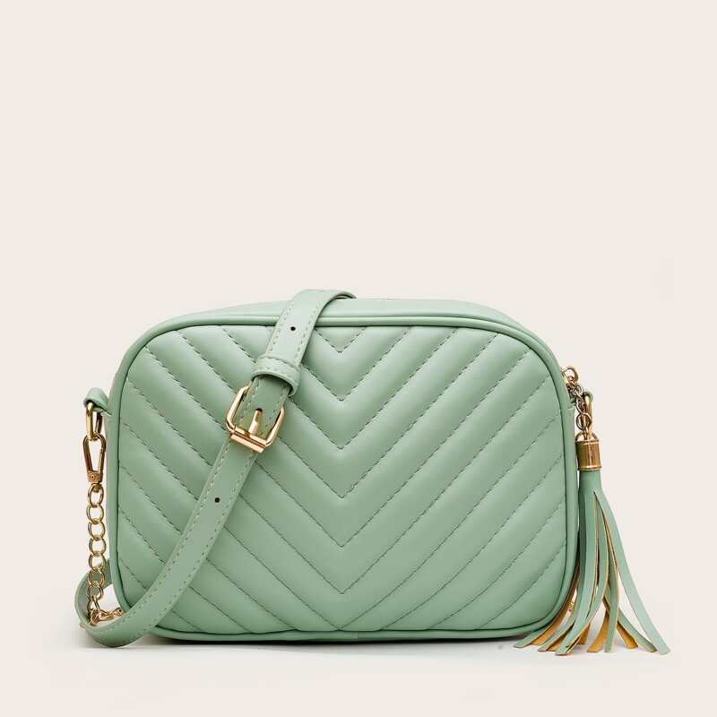

Tassel Decor Chevron Graphic Crossbody Bag, Green
