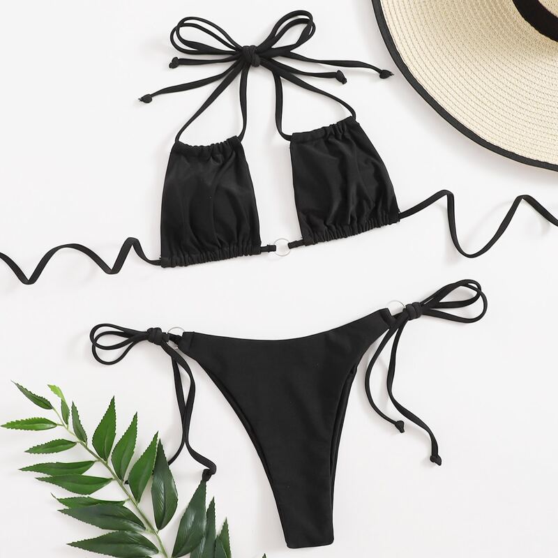 

Ring Linked Halter Tie Side Bikini Swimsuit, Black