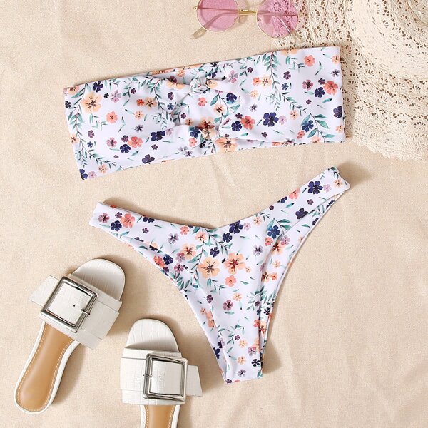 

Floral Cut-out Knot Bandeau Bikini Swimsuit, Multicolor