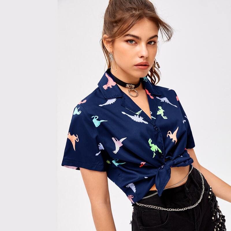 

Cartoon Dinosaur Print Shirt, Navy blue