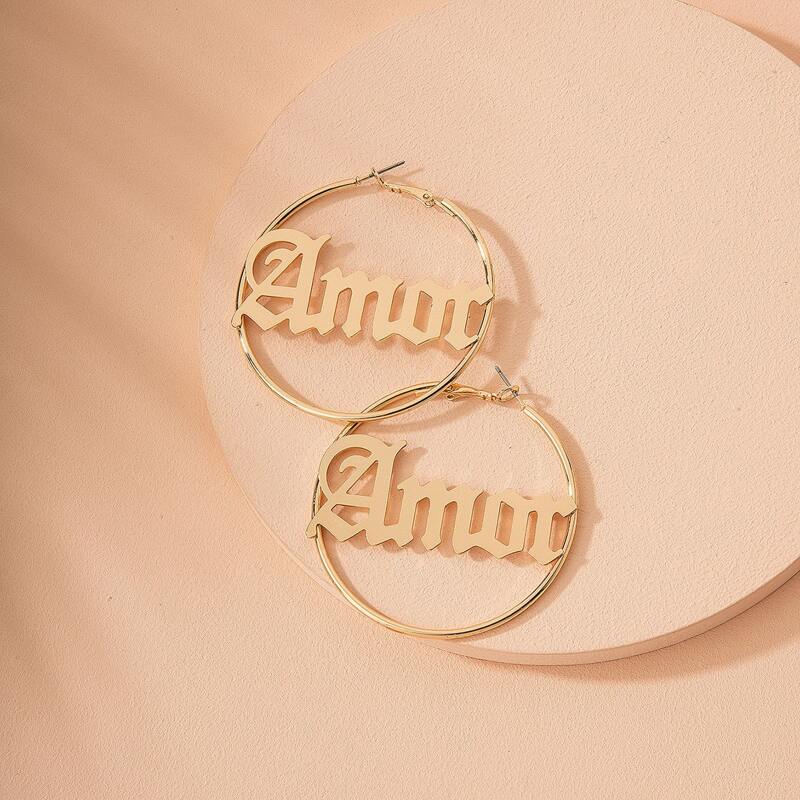 

Spanish Letter Design Hoop Earrings, Gold