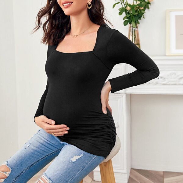 

Maternity Square Neck Ruched Tee, Black