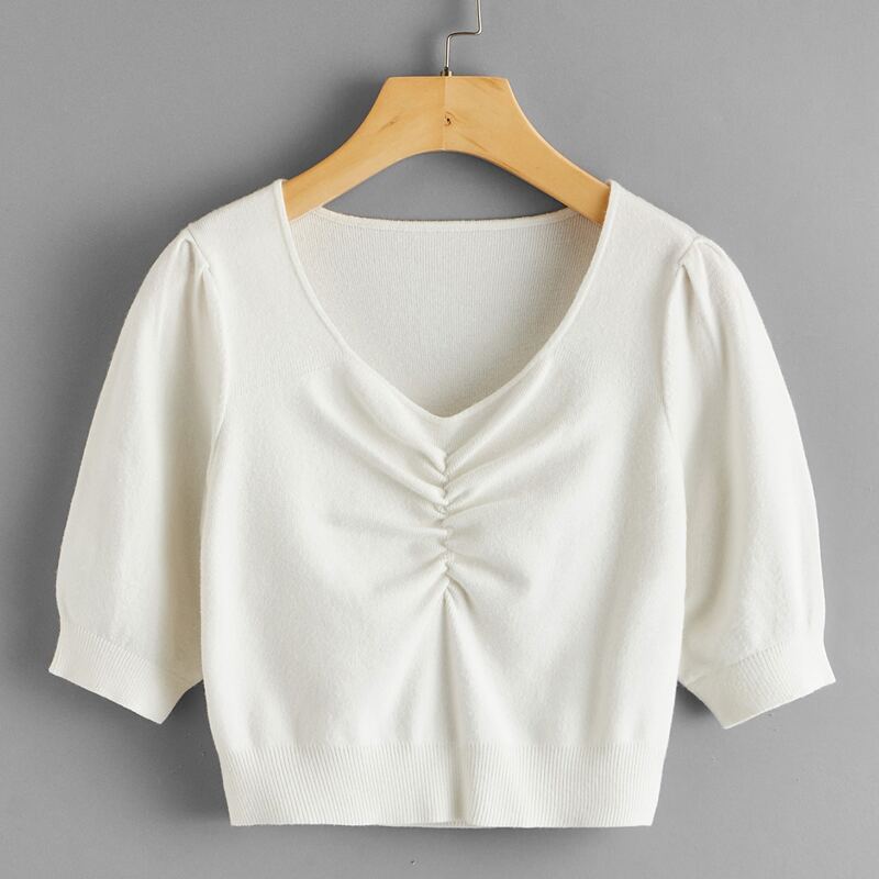 

Ruched Ribbed Crop Top, Beige