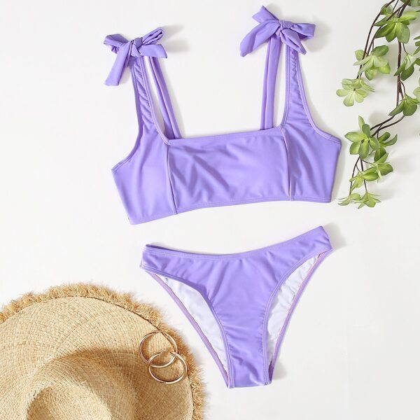 

Solid Tie Shoulder Bikini Swimsuit, Lilac purple