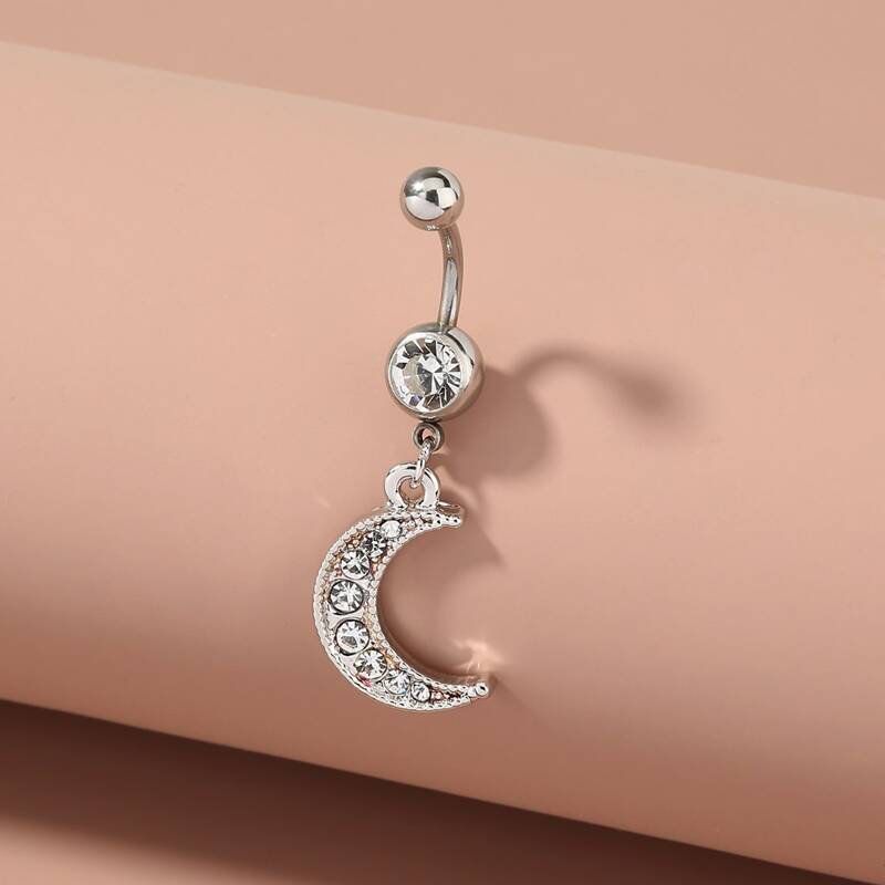 

Rhinestone Decor Moon Charm Belly Ring, Silver