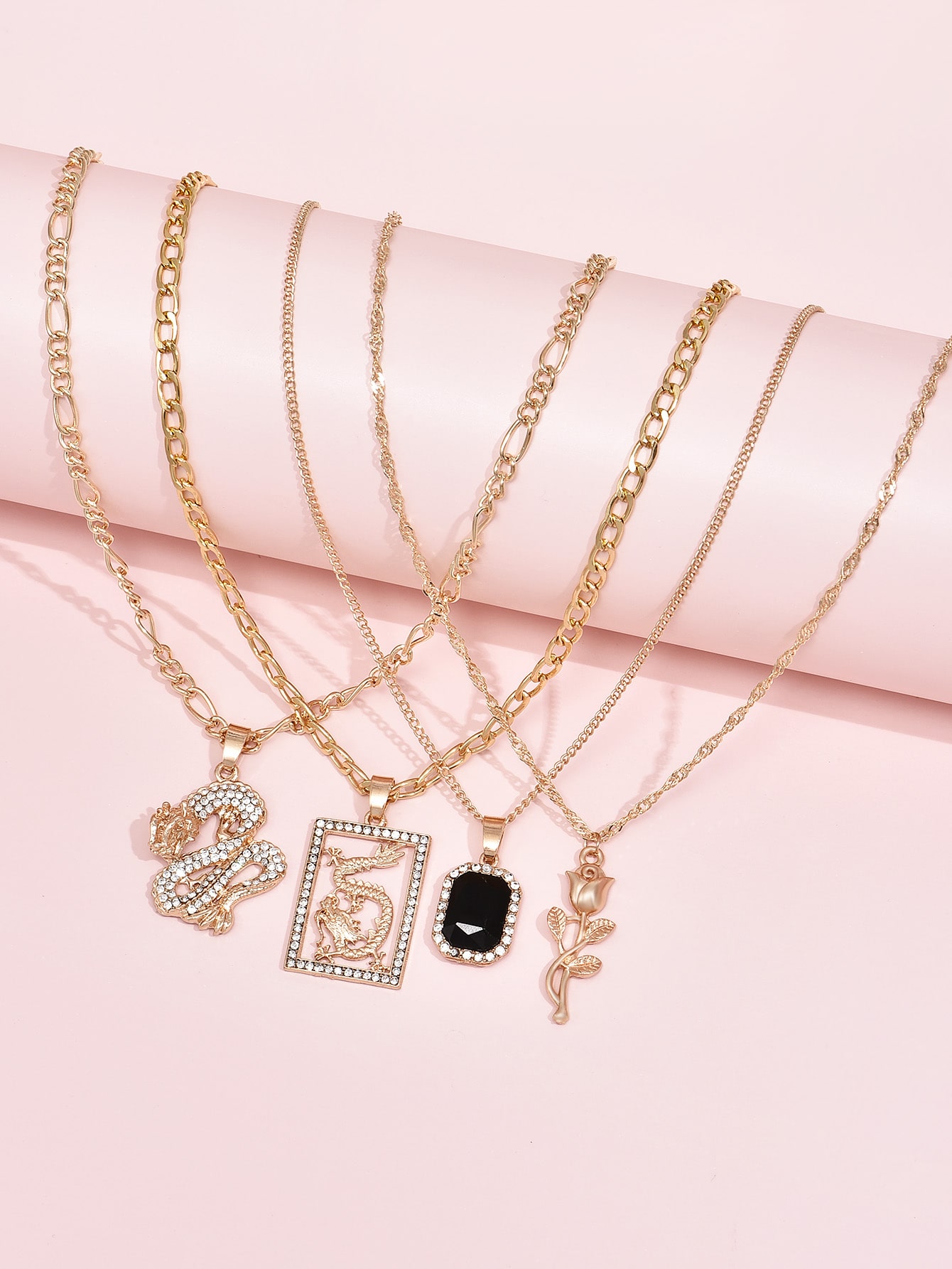 4pcs Rhinestone Decor Chinese Dragon Charm Necklace thumbnail