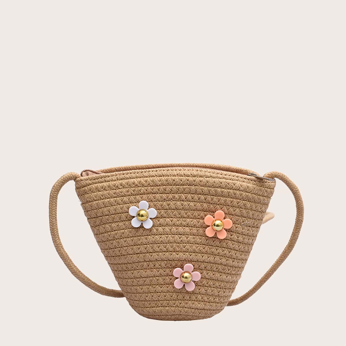 

Floral Woven Crossbody Bag, Khaki