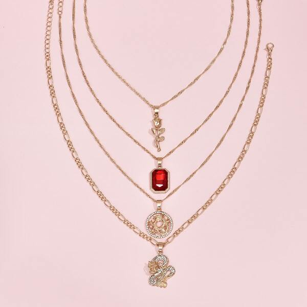 

4pcs Rhinestone Decor Chinese Dragon Charm Necklace, Gold