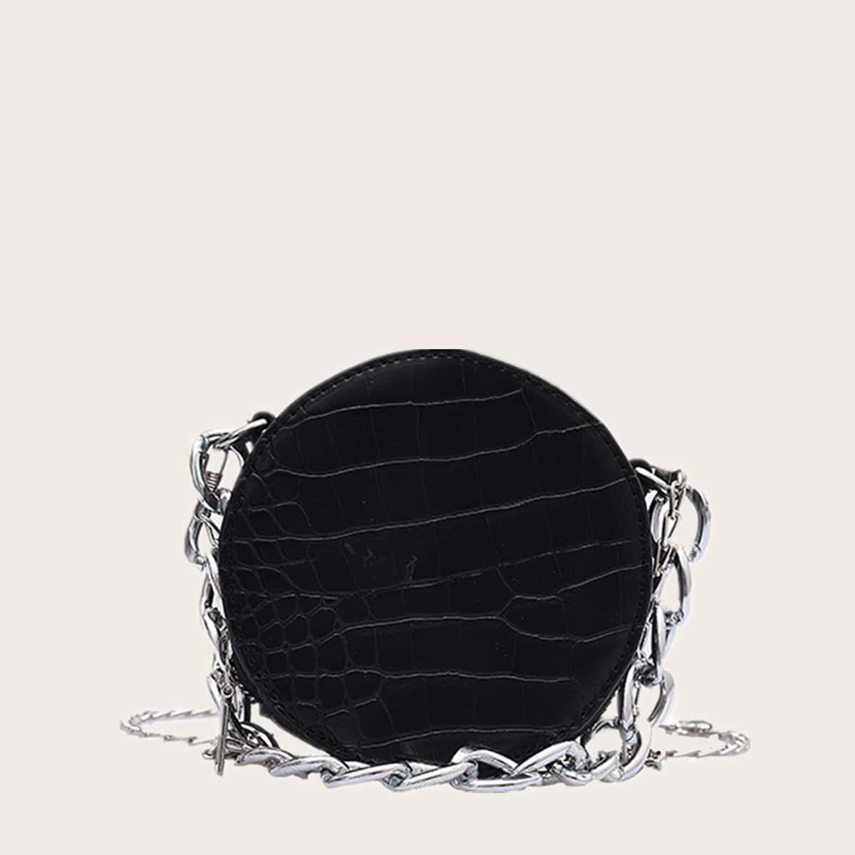 

Croc Embossed Round Chain Satchel Bag, Black