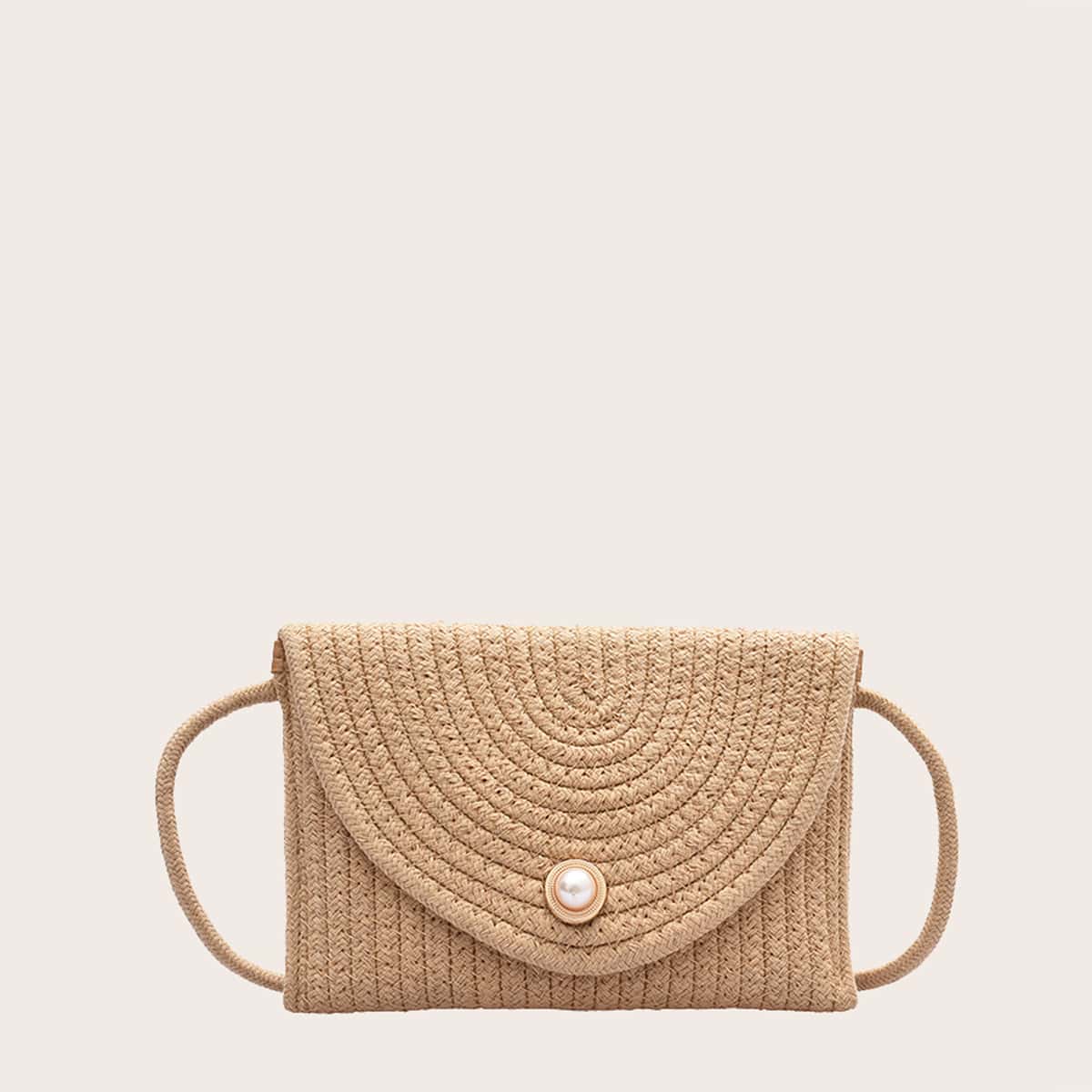 

Faux Pearl Woven Crossbody Bag, Khaki