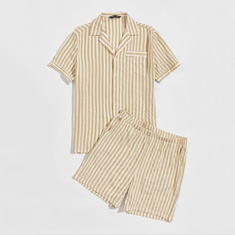 

Guys Revere Collar Patch Pocket Striped Shirt & Shorts PJ Set, Khaki