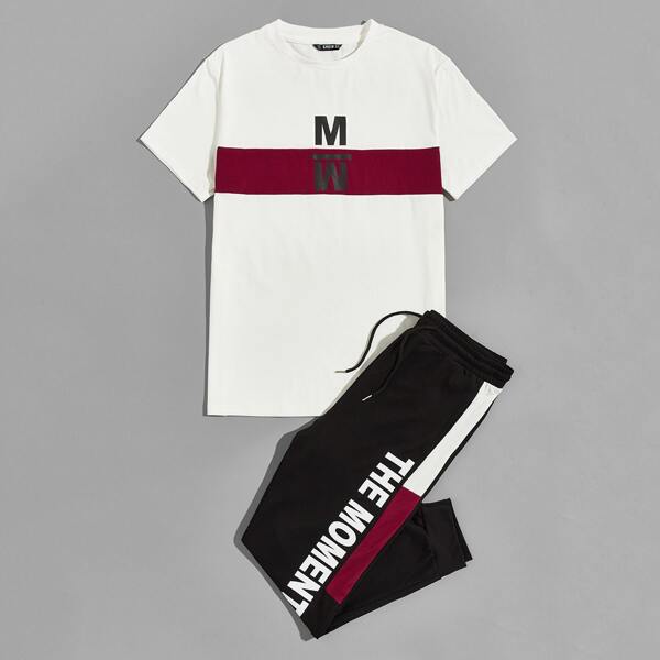 

Men Letter Graphic Colorblock Top & Striped Side Sweatpants Set, Black and white