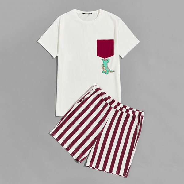 

Men Patch Pocket Cartoon Graphic Top & Striped Shorts PJ Set, Red and white