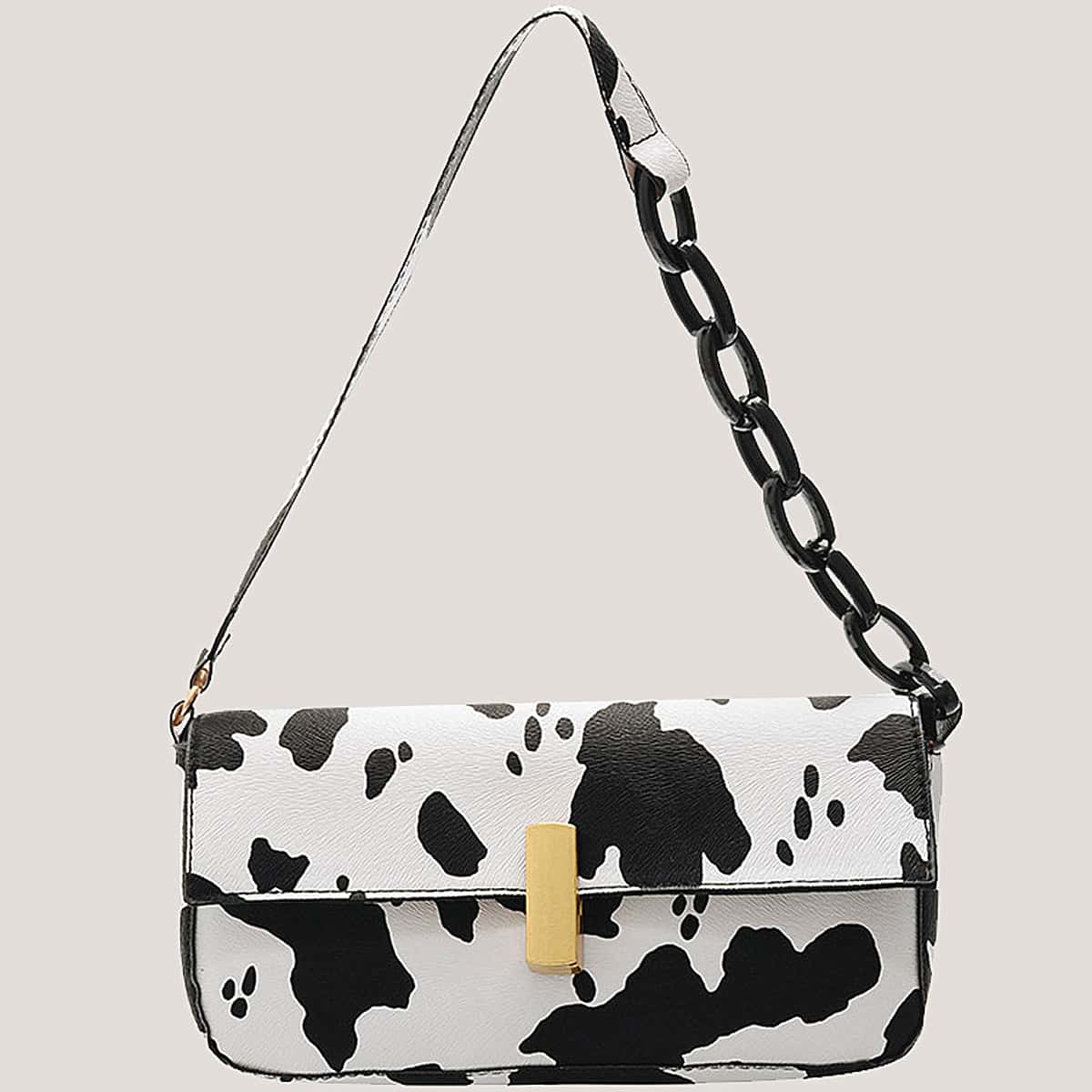 

Cow Print Baguette Bag, Black and white