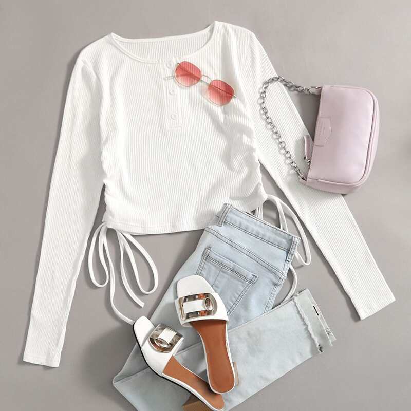 

White Drawstring Side Henley Tee