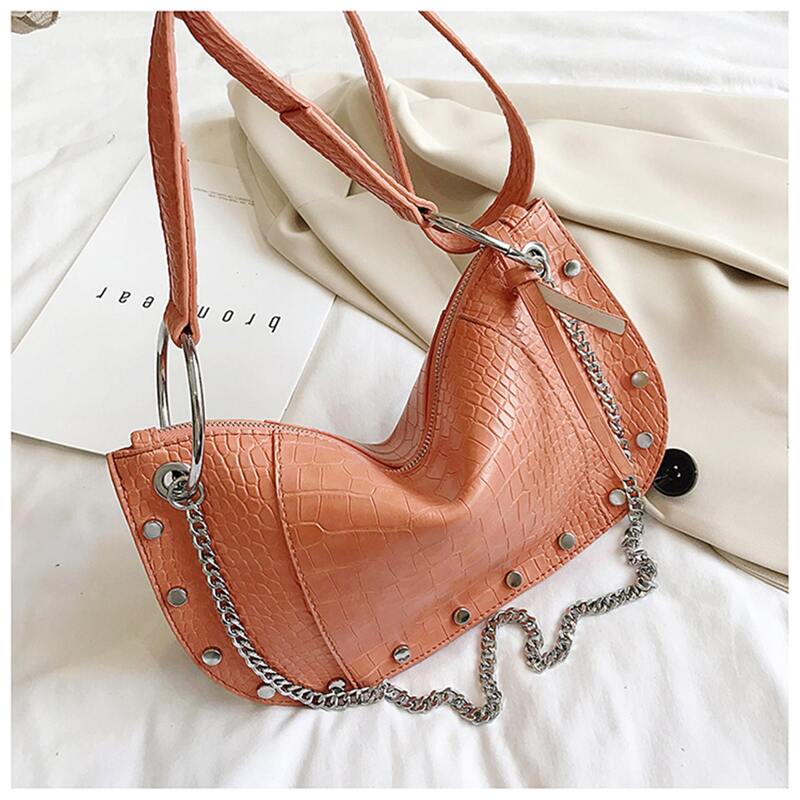 

Studded Croc Embossed Tote Bag, Coral orange