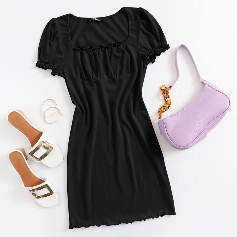 

Ruched Bust Lettuce Edge Solid Dress, Black