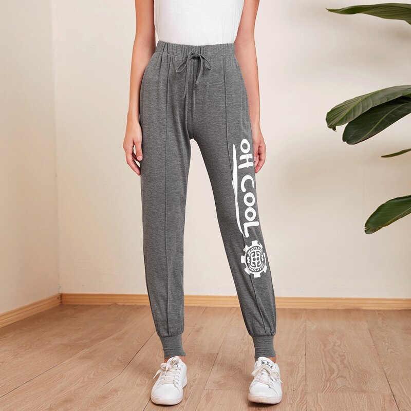 

Knot Waist Seam Front Letter Graphic Pants, Grey