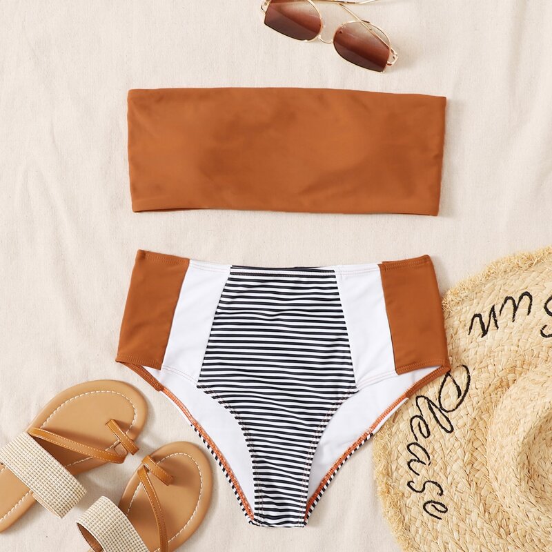 

Striped Bandeau High Waisted Bikini Swimsuit, Brown