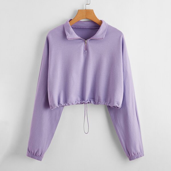 

Zip Half Placket Drawstring Hem Crop Pullover, Lilac purple