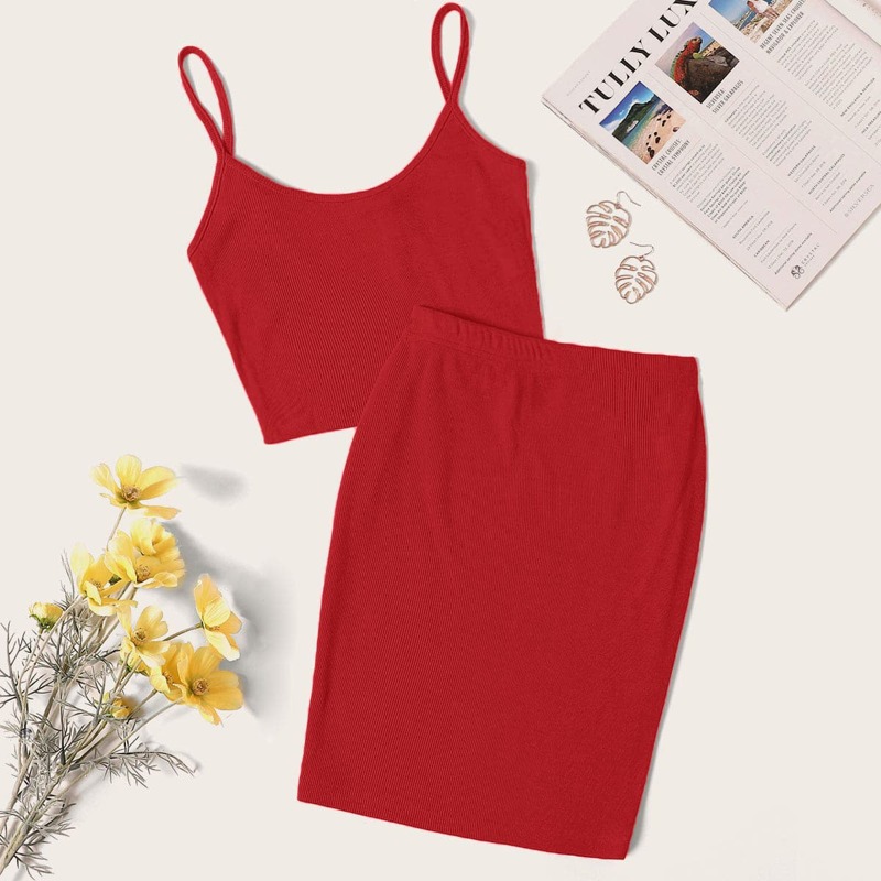 

Solid Rib-knit Cami Top & Skirt Set, Red bright
