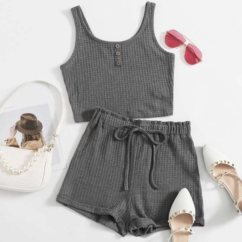 

Button Front Tank Top & Paperbag Waist Shorts Set, Dark grey