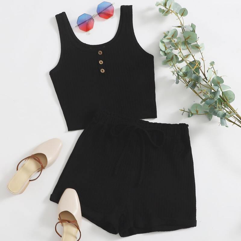 

Button Front Tank Top & Paperbag Waist Shorts Set, Black