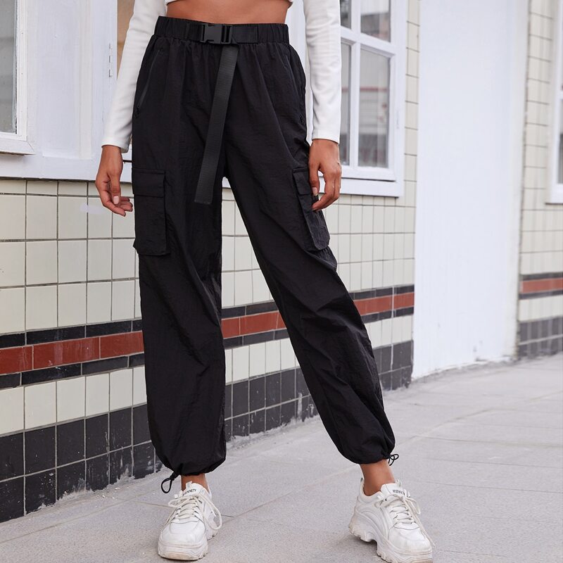 

Flap Pocket Push Buckle Belted Waist Cargo Pants, Black