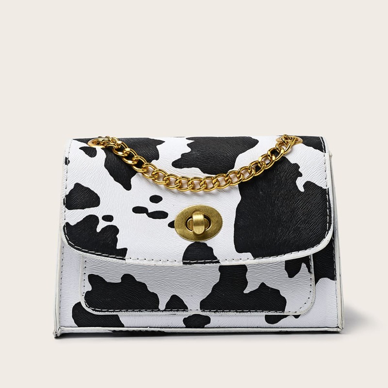 

Cow Print Chain Crossbody Bag, Black and white