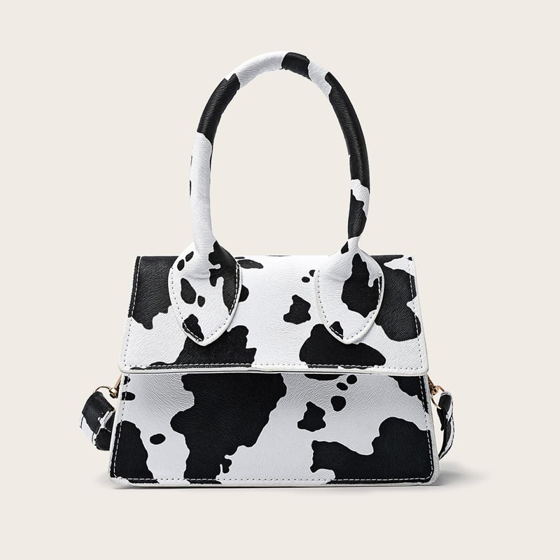 

Cow Print Satchel Bag, Black and white