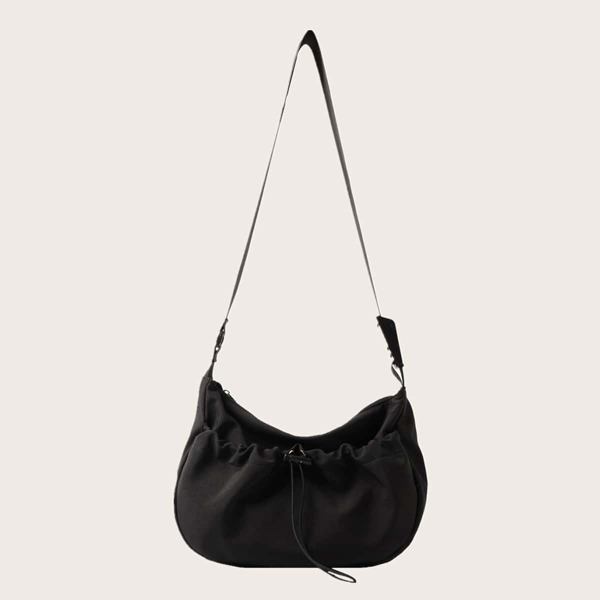 

Drawstring Decor Hobo Bag, Black