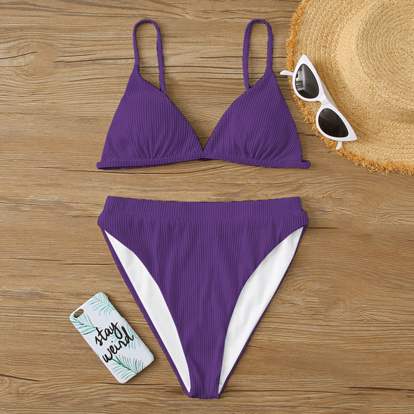 

Rib Triangle High Waisted Bikini Swimsuit, Violet purple