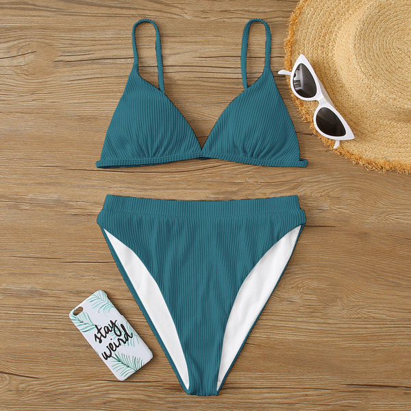 

Rib Triangle High Waisted Bikini Swimsuit, Teal blue
