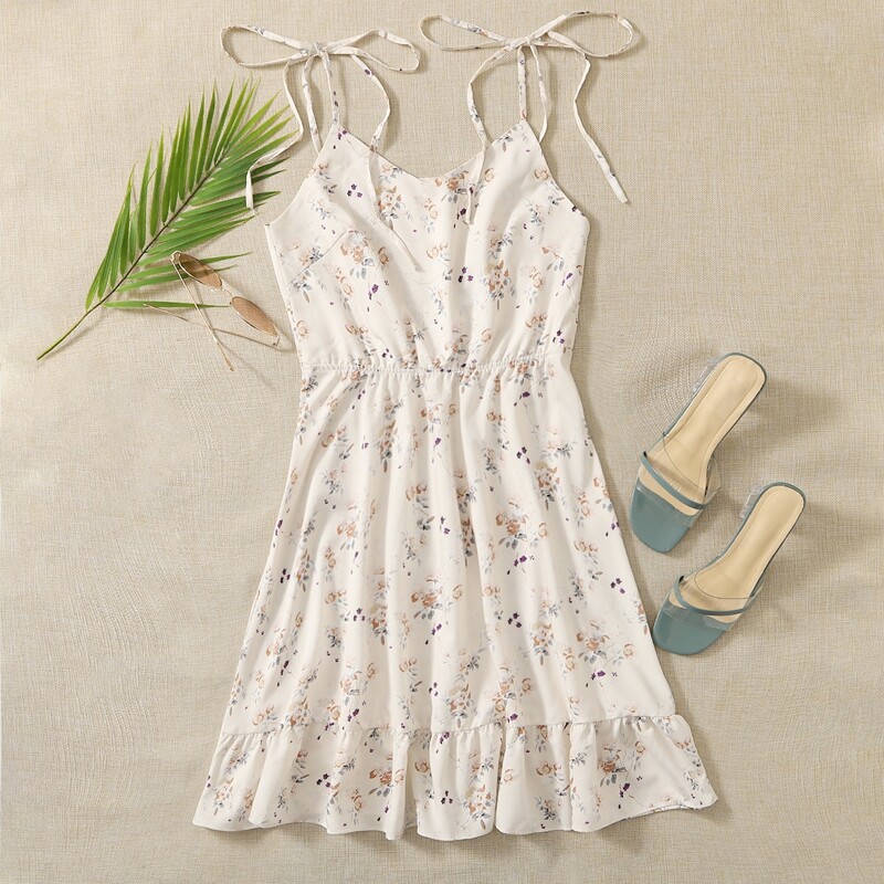 

Knot Straps Ruffle Hem Ditsy Floral Cami Dress, White