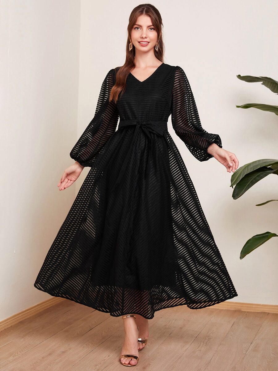 Mulvari Vestido con malla fina de manga farol de cuello V con cinturón - Negro - Ver 1