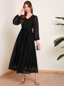 Mulvari Vestido con malla fina de manga farol de cuello V con cinturón - Negro - Ver 4