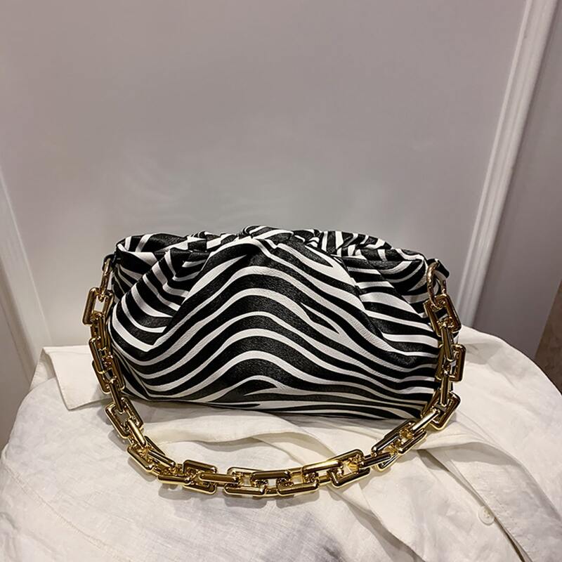 

Zebra Striped Chain Baguette Bag, Black and white