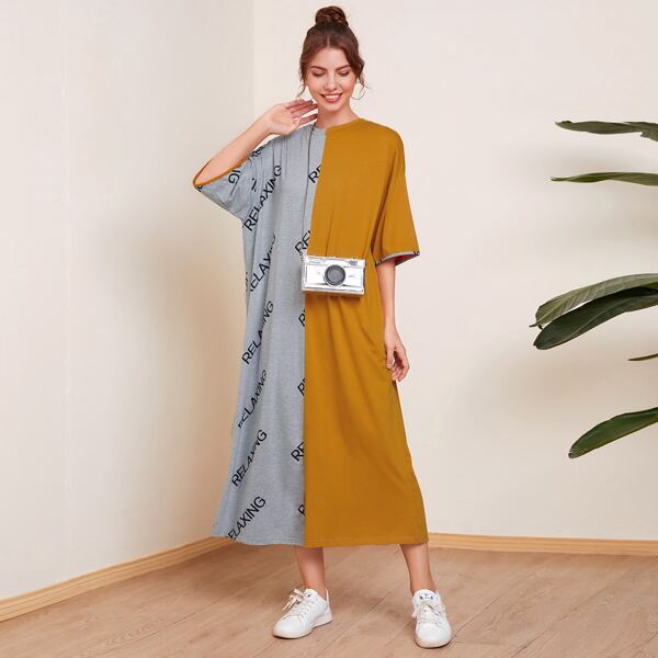 

Letter Graphic Drop Shoulder Spliced Tee Dress, Multicolor