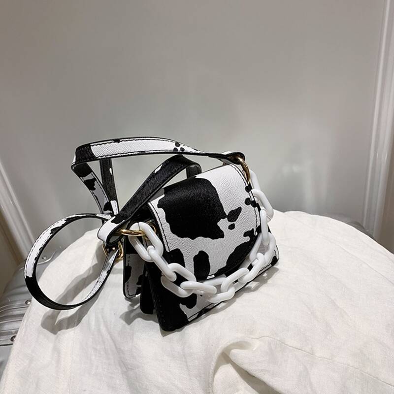 

Cow Print Mini Satchel Bag, Black and white
