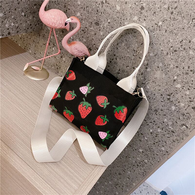 

Strawberry Canvas Satchel Bag, Black