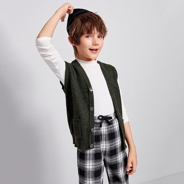 

Boys Button Placket Patch Pocket Cardigan, Dark green
