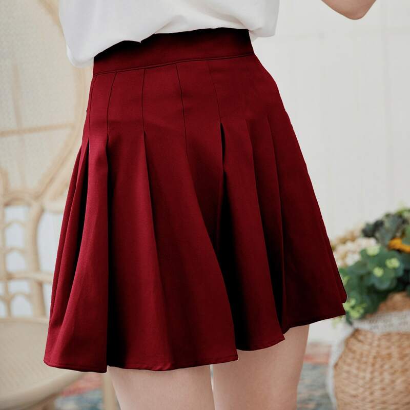 

Solid Pleated Mini Skirt, Burgundy