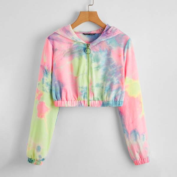 

Tie Dye Zipper Up Crop Hoodie, Multicolor