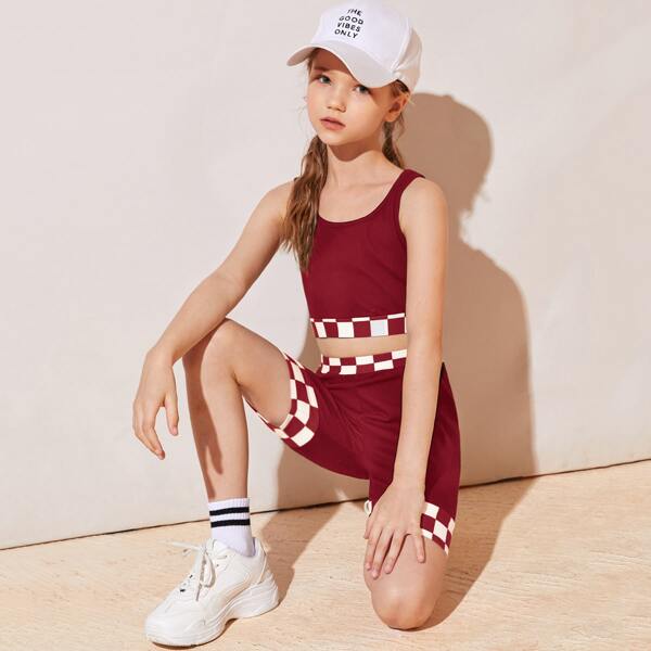 

Girls Checker Trim Crop Tank Top & Biker Shorts Set, Burgundy