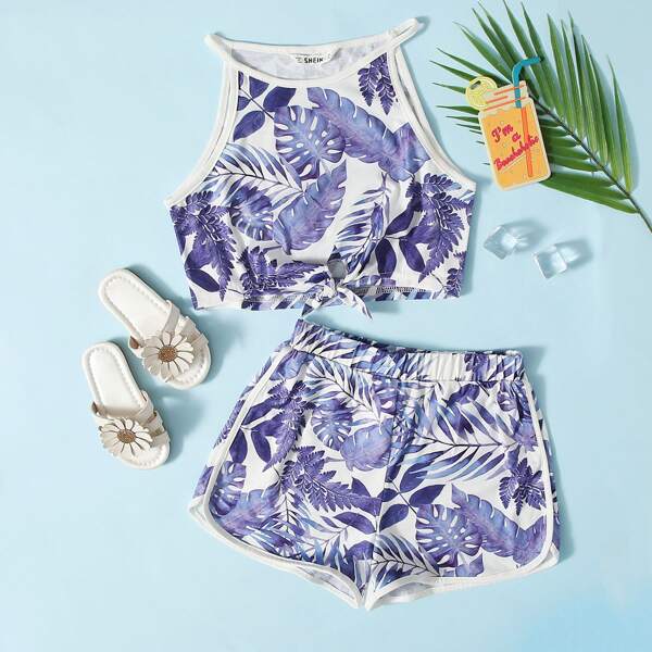 

Girls Tropical Print Tie Hem Cami Top and Dolphin Shorts Set, Blue and white